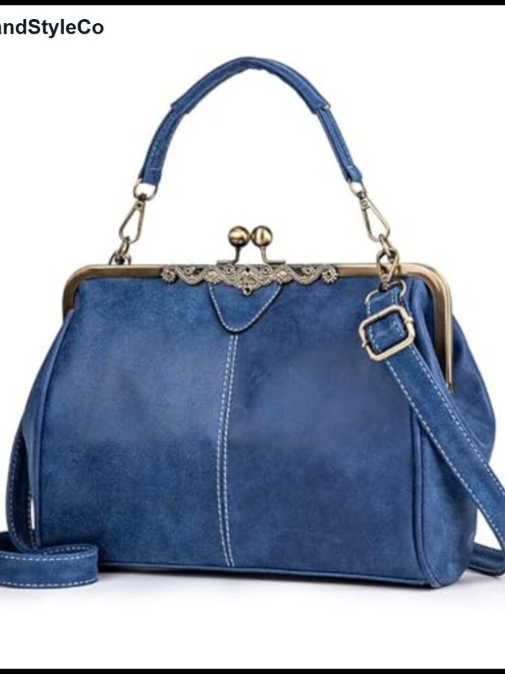 Vegan Leather Satchel Handbag with Kiss Lock, Top Handle & Crossbody Strap